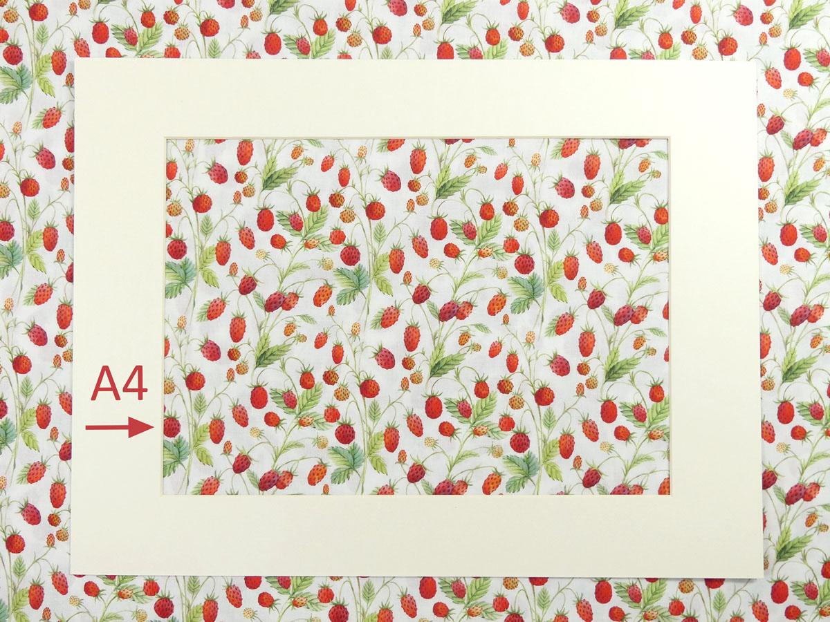 Patchworkstoff mit herrlichen Walderdbeeren auf weißem Hintergung von In the Beginning Fabrics A4 Maß